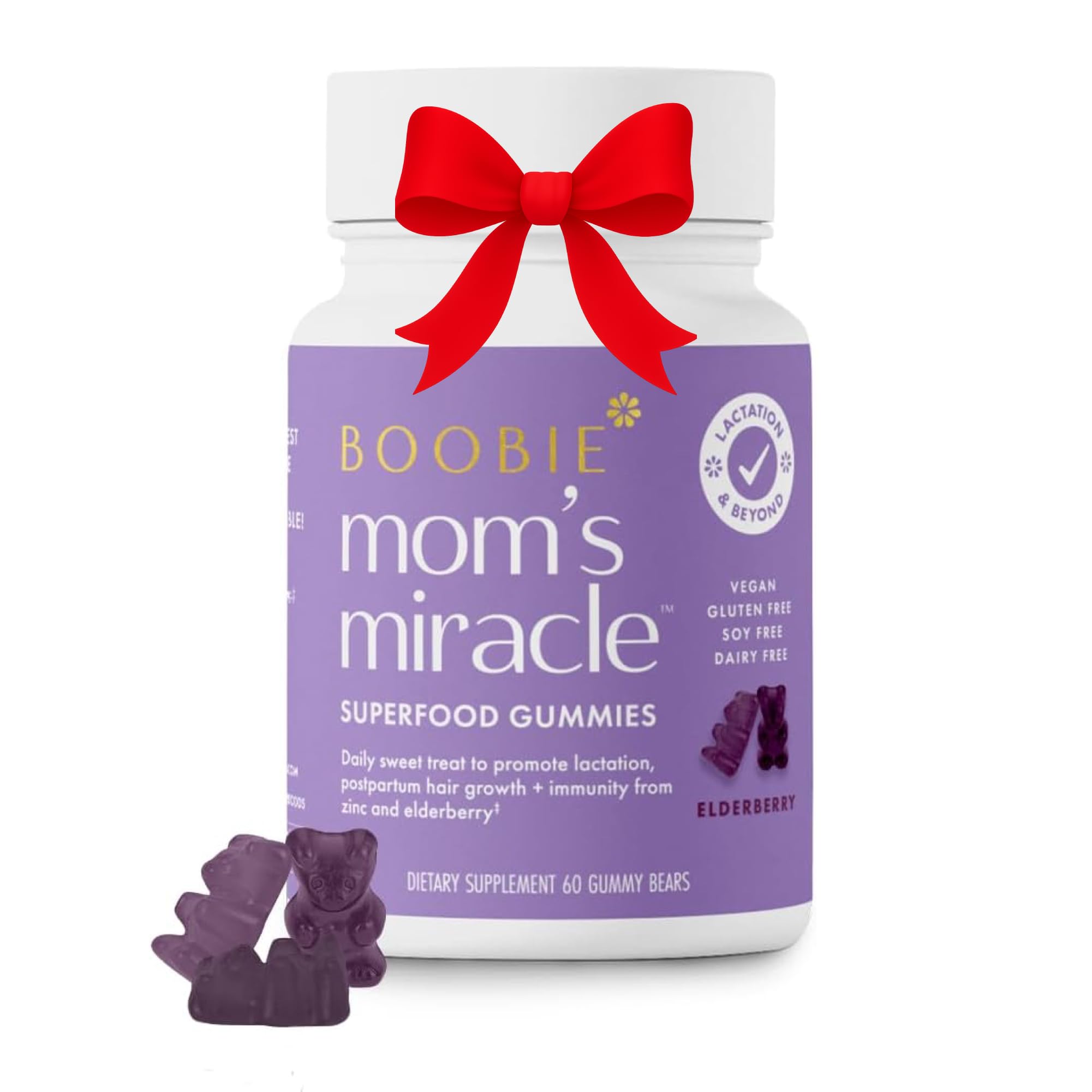 Boobie Bears bottle front showing vegan, gluten-free lactation gummies for busy moms