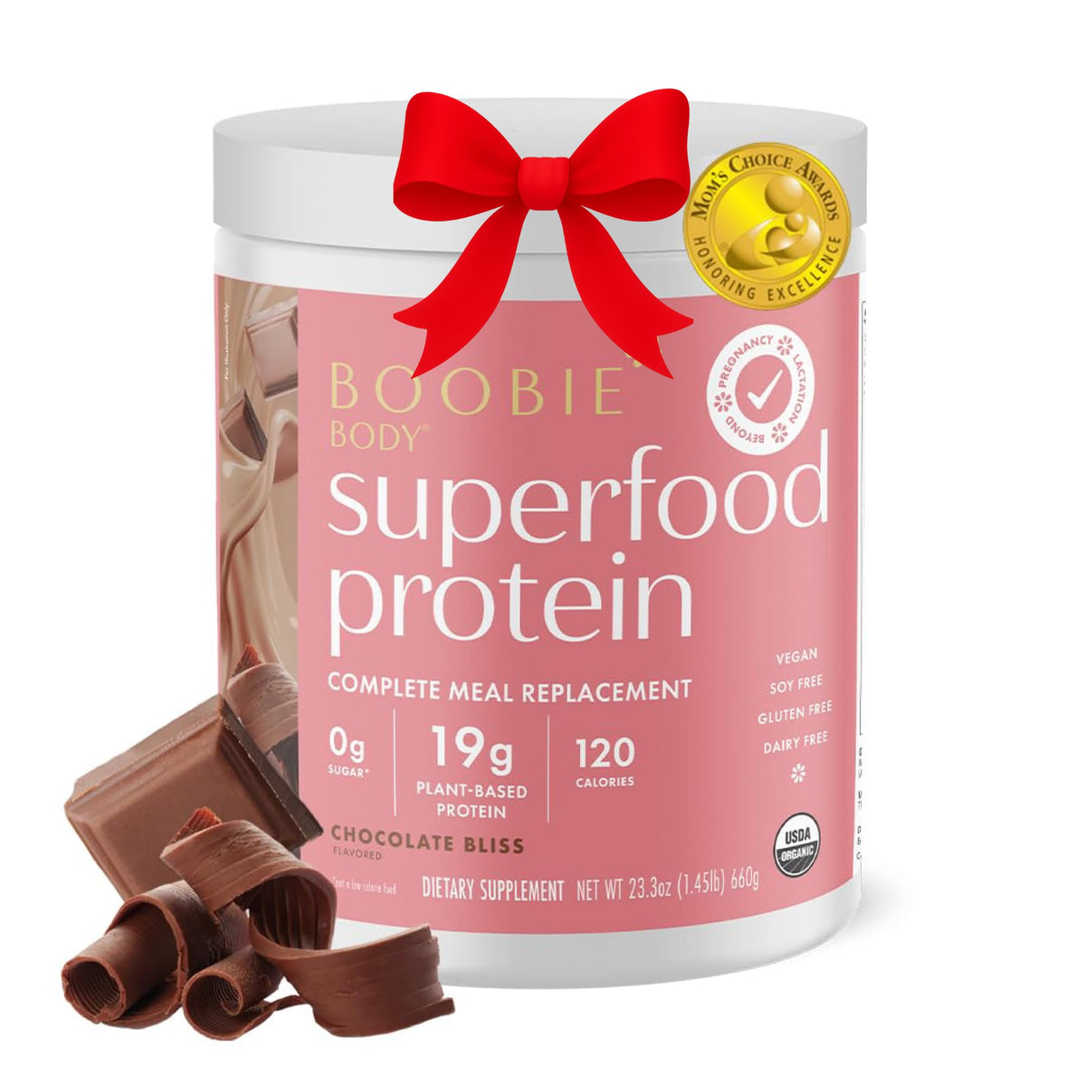 Boobie Body Chocolate Bliss tub front, convenient protein option for busy moms.