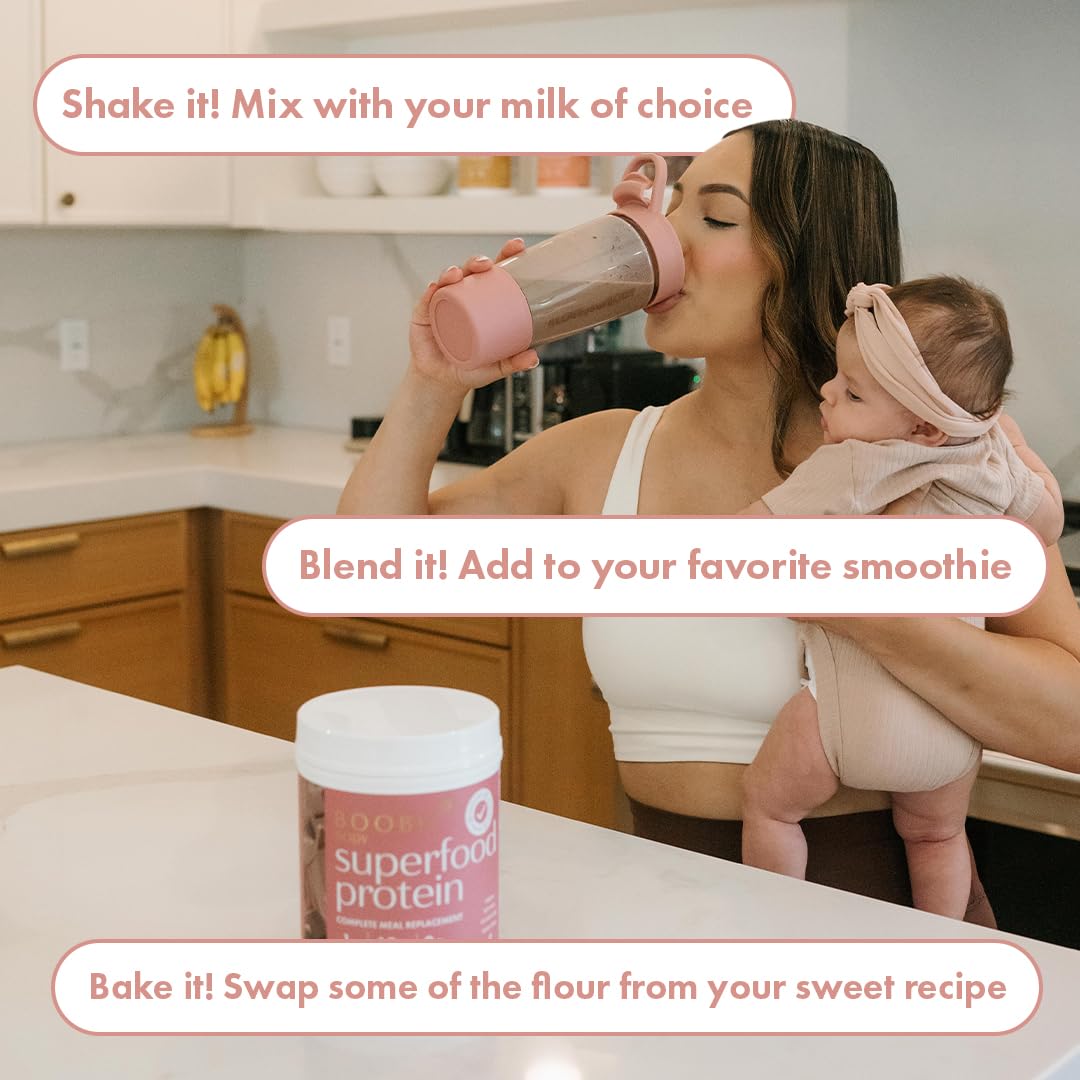 Boobie Body tub and scoop on kitchen counter ready for breakfast.