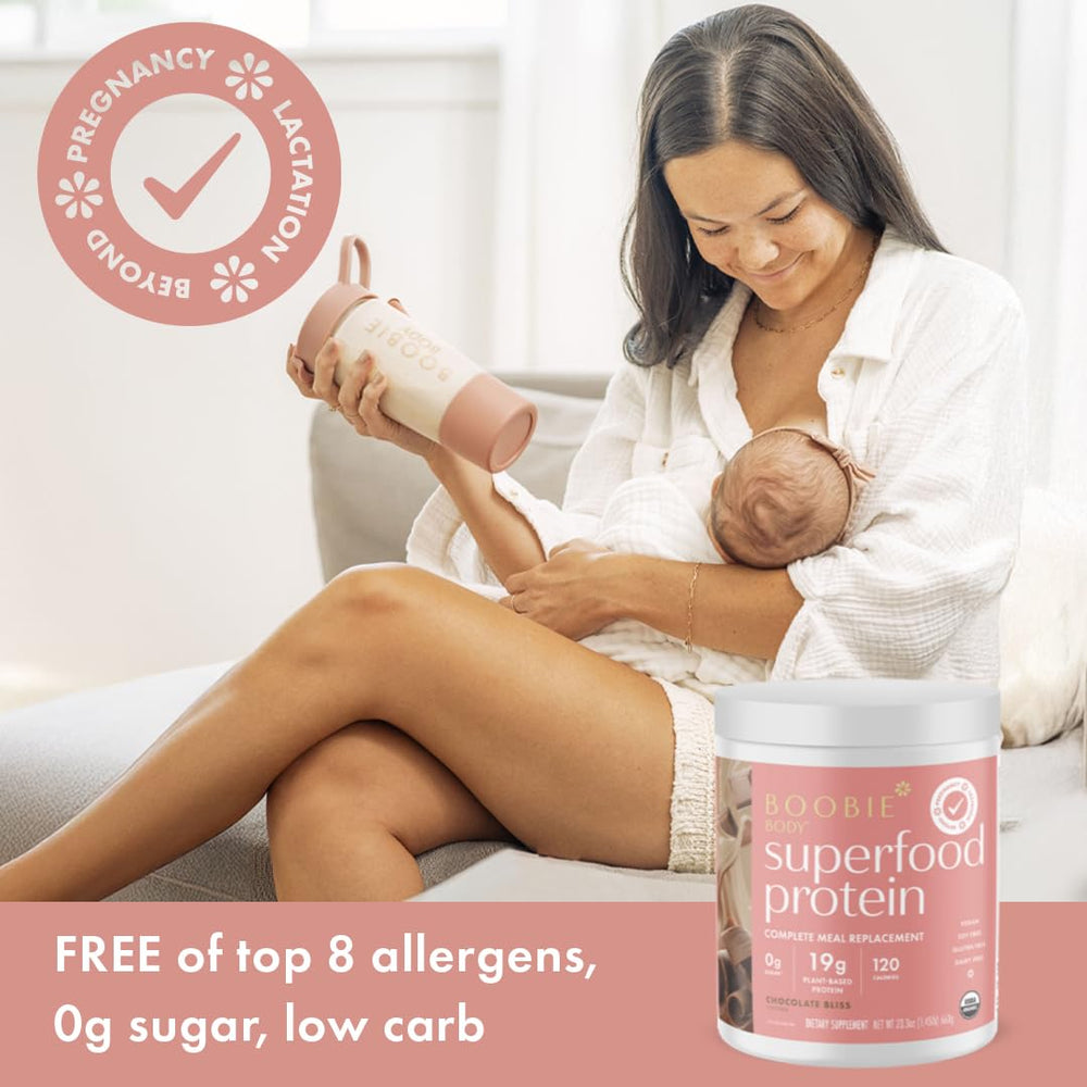 Boobie Body vegan dairy-free label signals clean, mom-friendly nutrition.