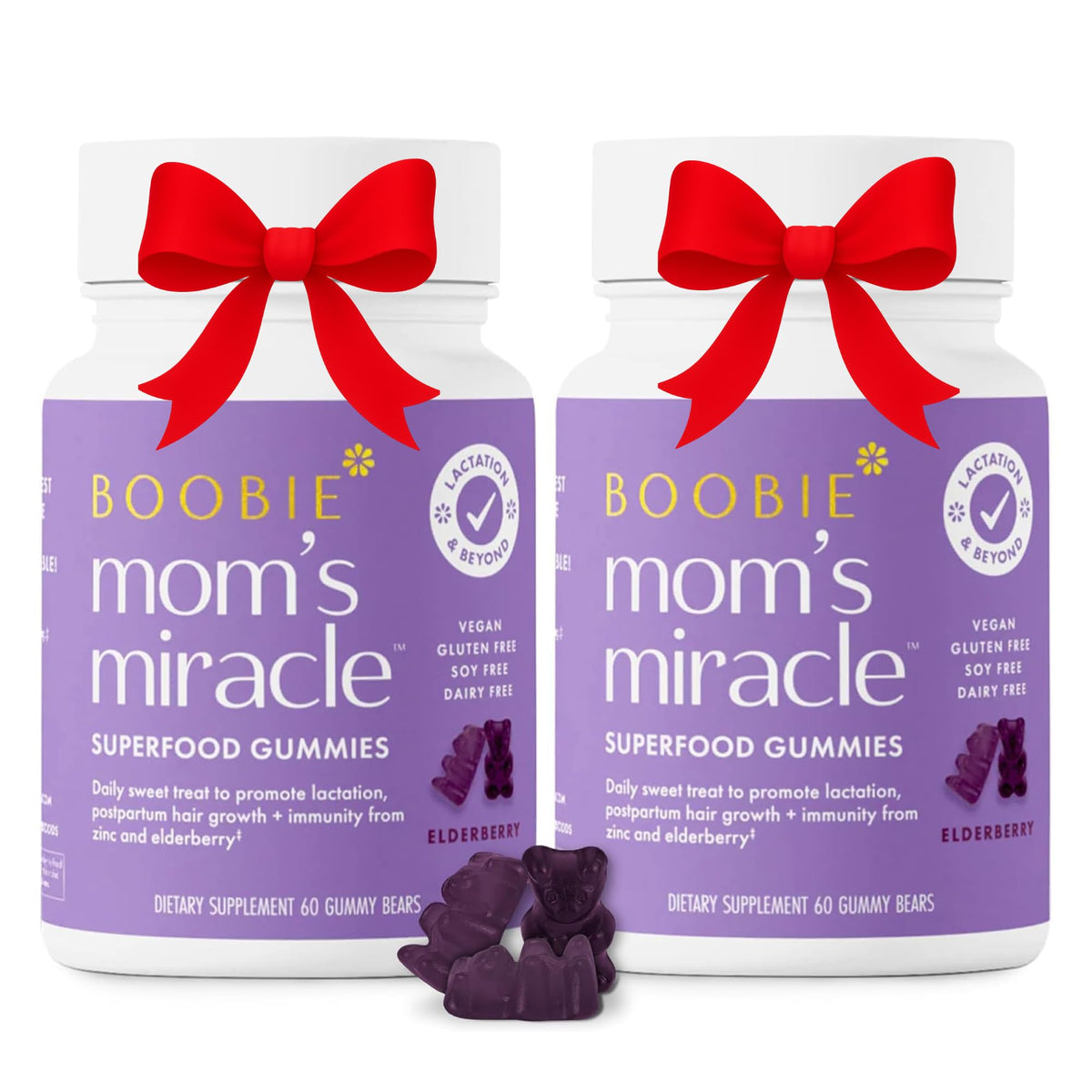 Boobie Bears lactation gummies bottle front highlights a milk-supporting blend.