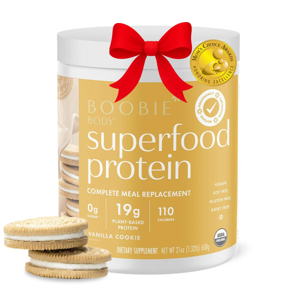 Boobie Body Vanilla Cookie tub highlights 19g plant-based protein