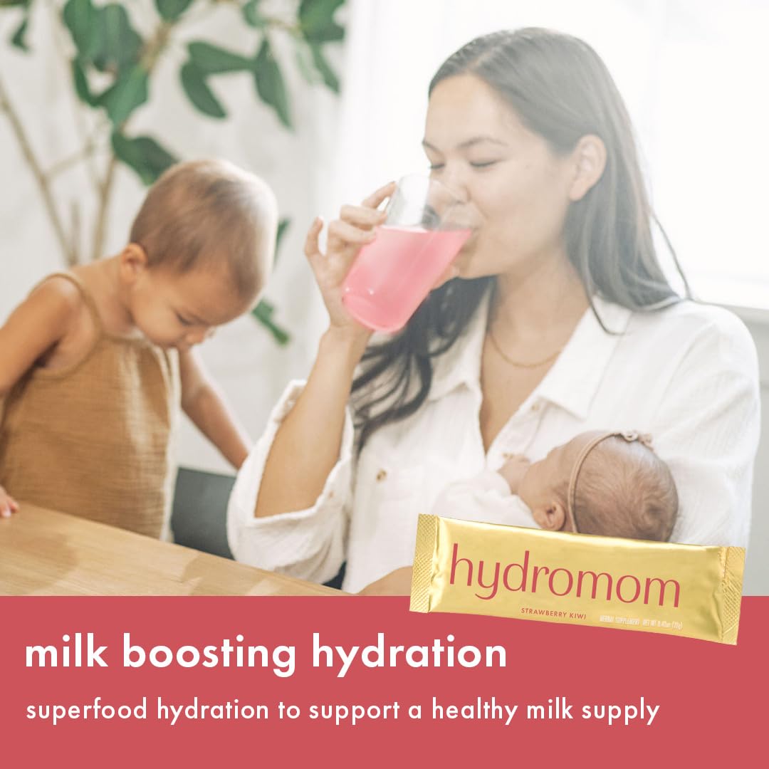 Hydration-focused Boobie Hydromom with electrolytes and glucose beside a bottle.