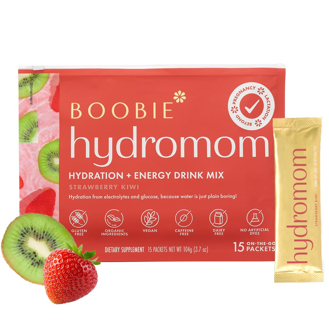 Boobie Hydromom strawberry kiwi packet ready to mix for refreshing hydration on-the-go moms.