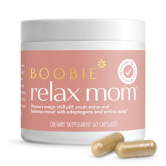 Boobie Relax Mom bottle with capsules for calm, daytime focus.