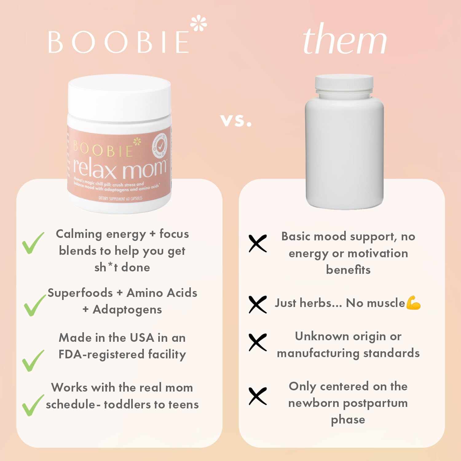 Close-up of Boobie Relax Mom capsules highlighting vegan, gluten-free formula.