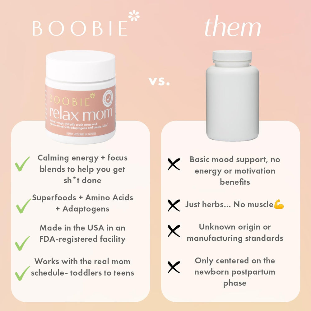 Close-up of Boobie Relax Mom capsules highlighting vegan, gluten-free formula.