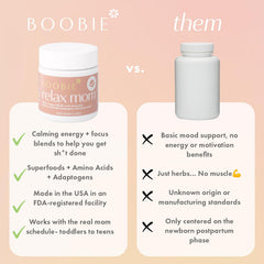 Close-up of Boobie Relax Mom capsules highlighting vegan, gluten-free formula.