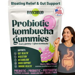 BoochBod probiotic gummies bottle supports on-the-go gut health.