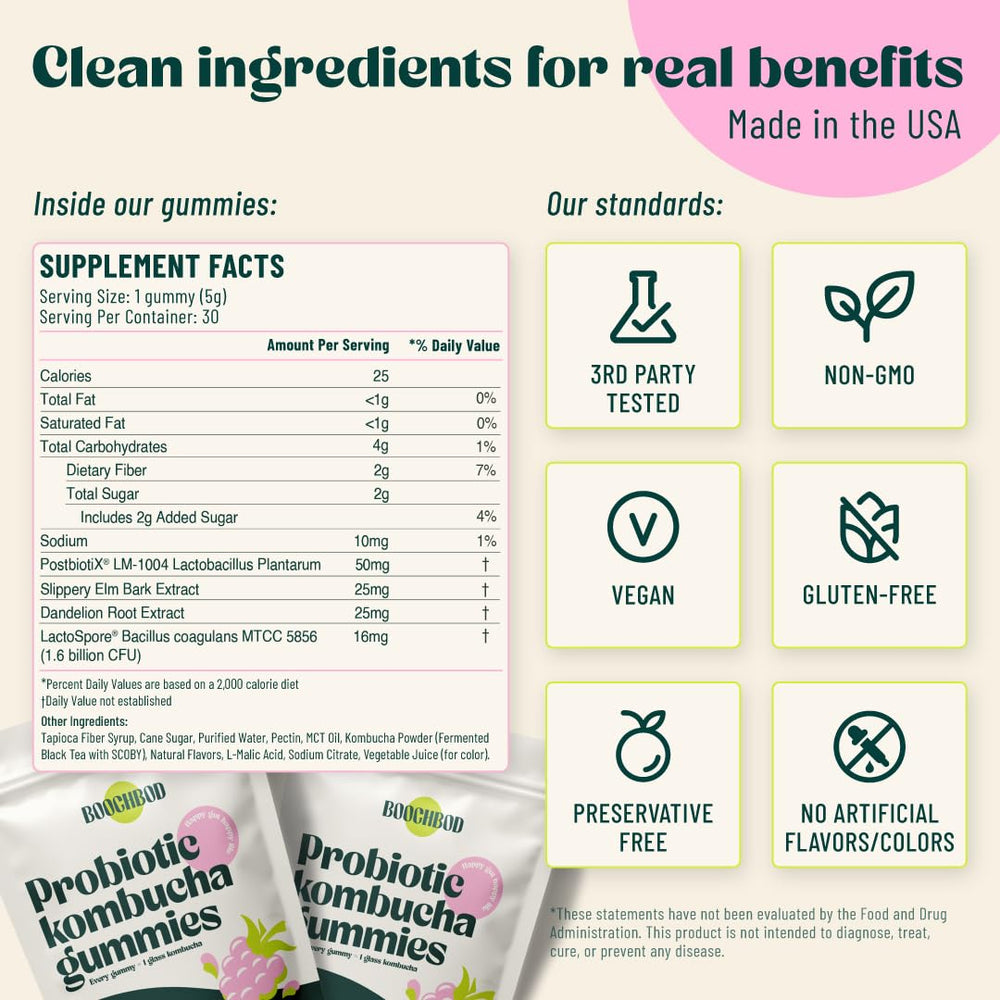 BoochBod ingredients scoop shows slippery elm and dandelion root.