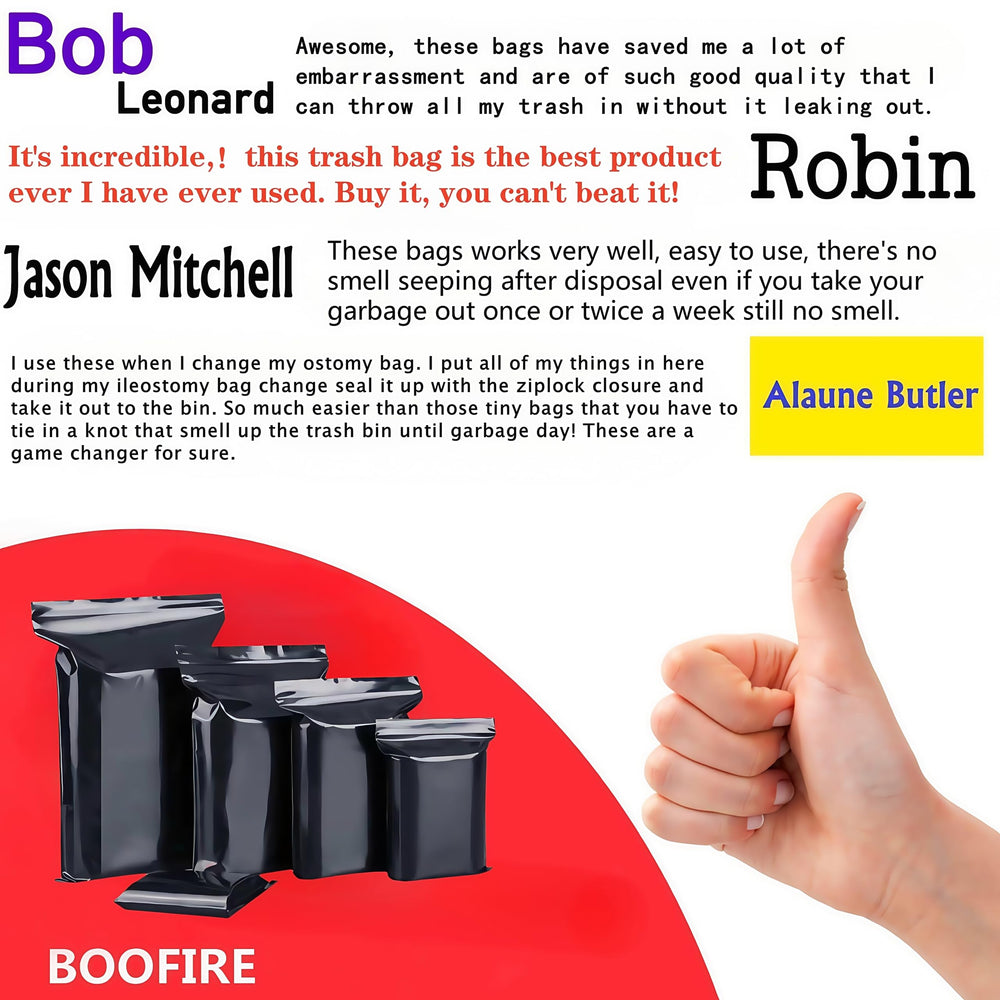 BOOFIRE odor-proof disposal bags preserve freshness and dignity during bag disposal.