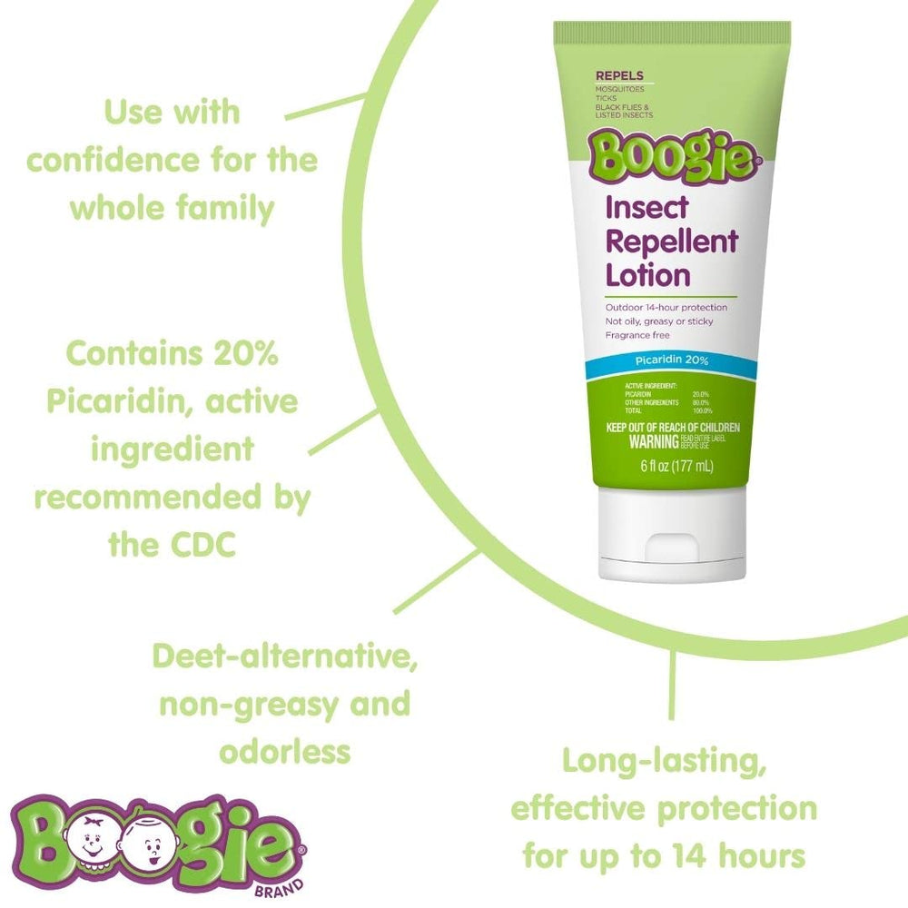 Boogie Insect Repellent Lotion label close-up highlights 20% Picaridin.