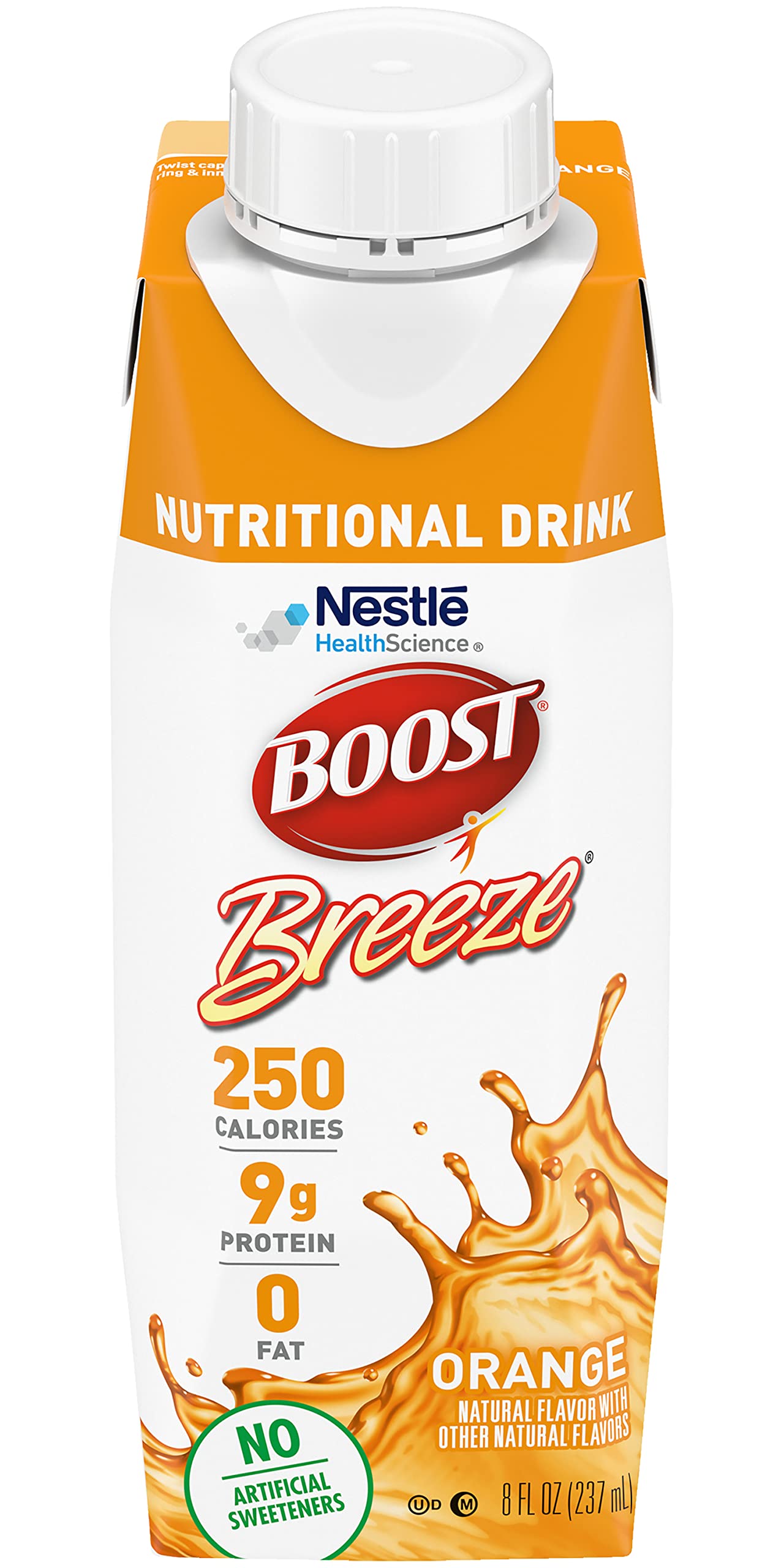 BOOST Breeze orange bottle back with nutrition facts for informed choice.