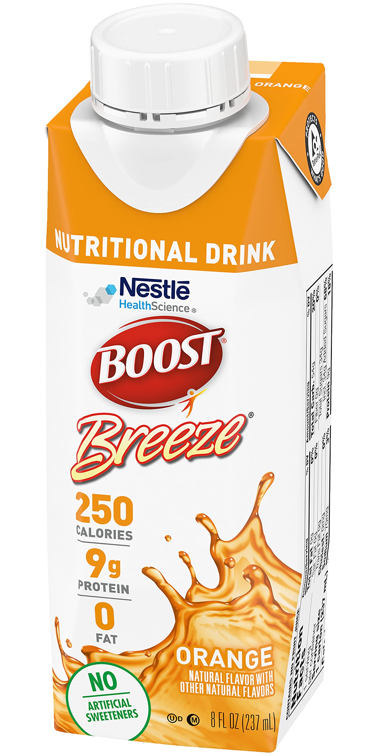 BOOST Breeze orange drink calorie display shows 250 calories per serving.