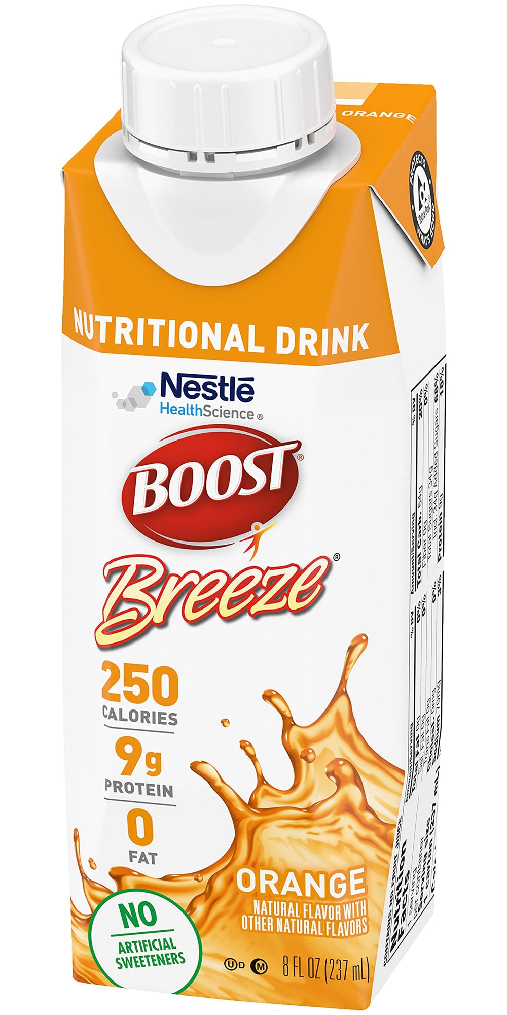 BOOST Breeze orange drink calorie display shows 250 calories per serving.