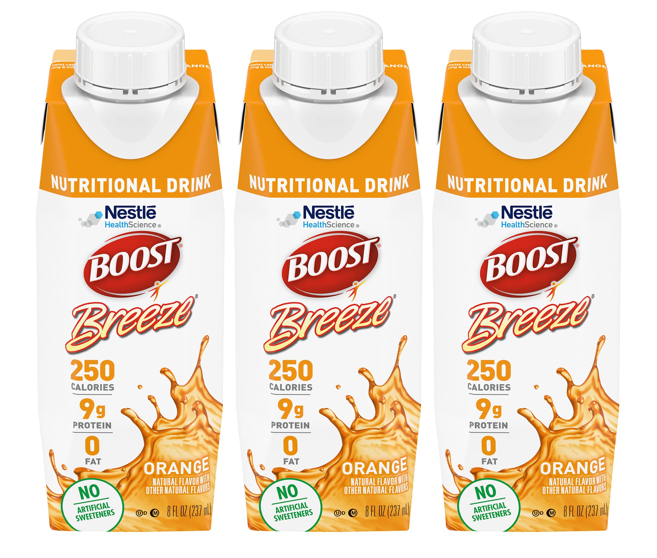 BOOST Breeze orange nutritional drink in a glass, on-the-go energy.