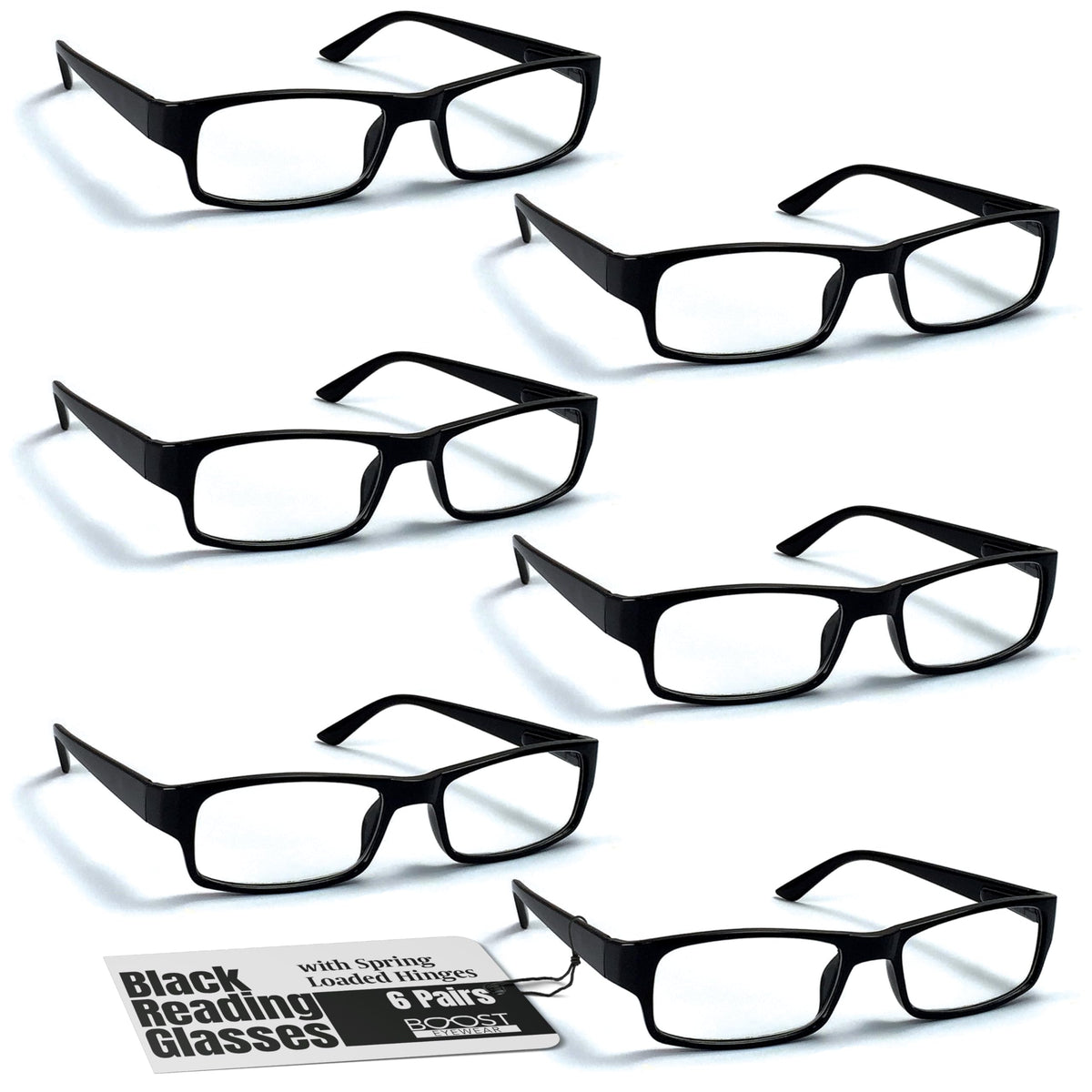 Boost Eyewear 6-pack reading glasses in black frames for multiple rooms.