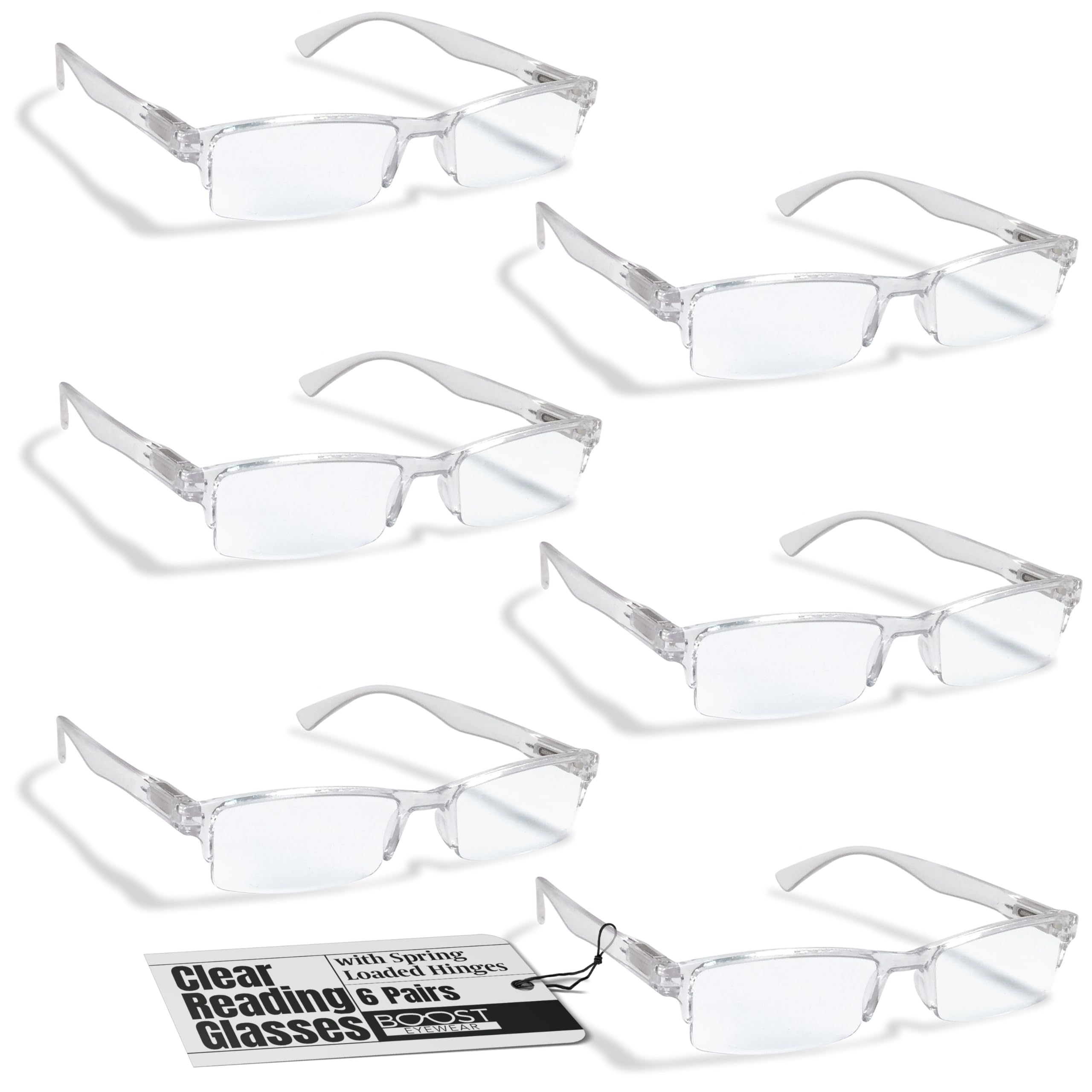 Boost Eyewear 6-pack reading glasses with half-rim frames for versatile daily use.