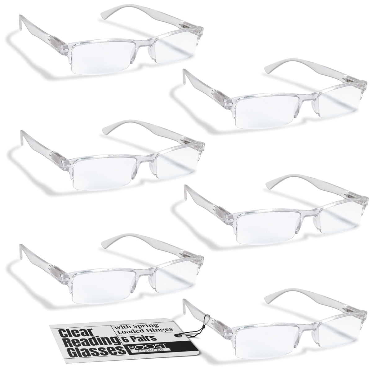Boost Eyewear 6-pack reading glasses with half-rim frames for versatile daily use.