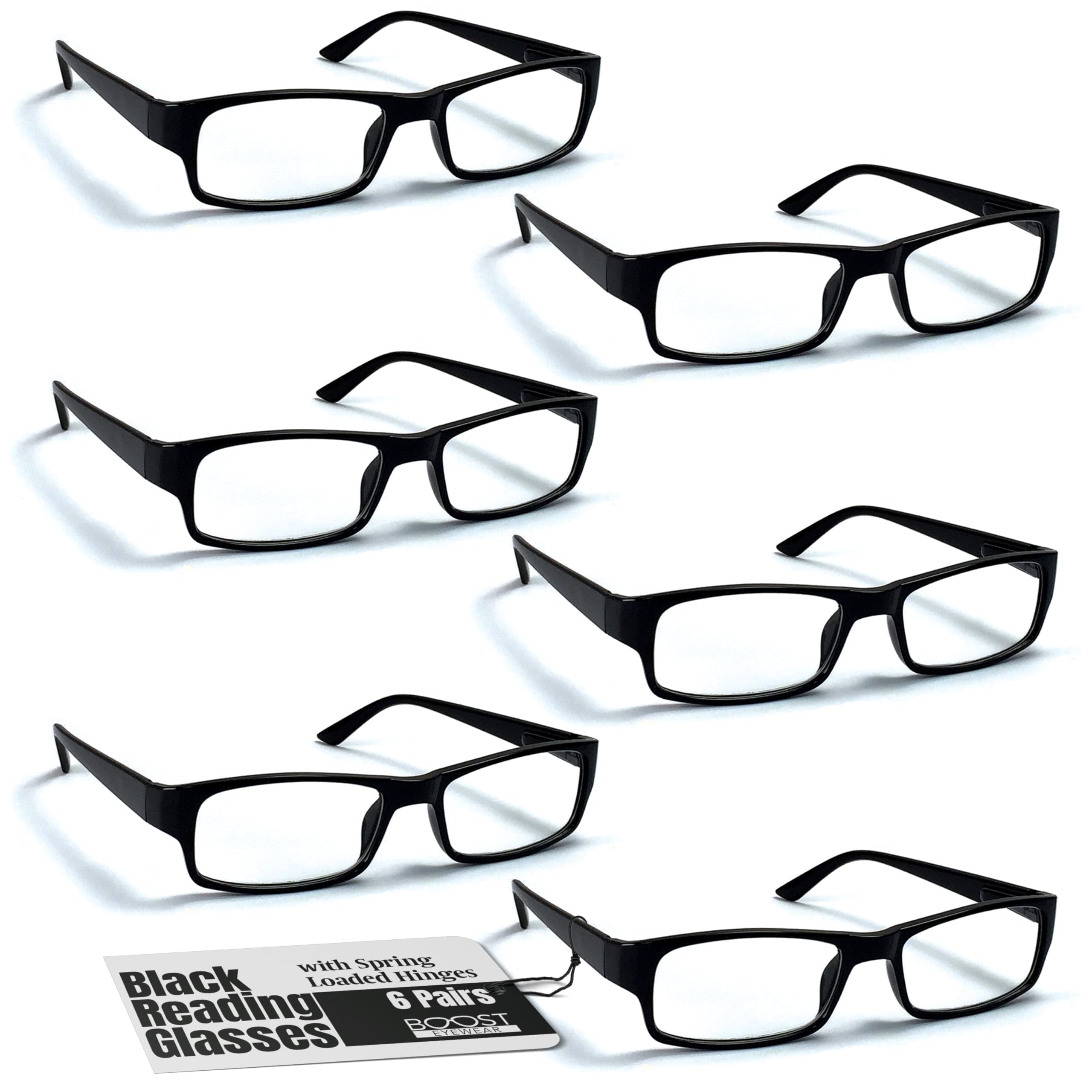 Boost Eyewear reading glasses with black frames; six-pack for convenient home use.