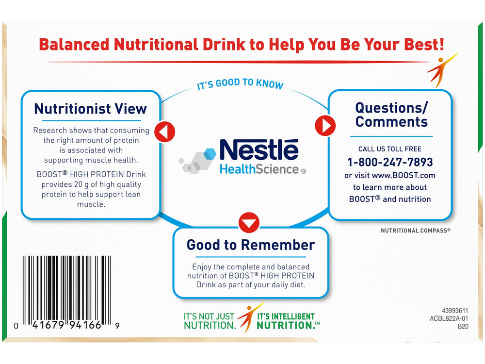 Boost High Protein drink cup on counter highlights 240 calories per serving.