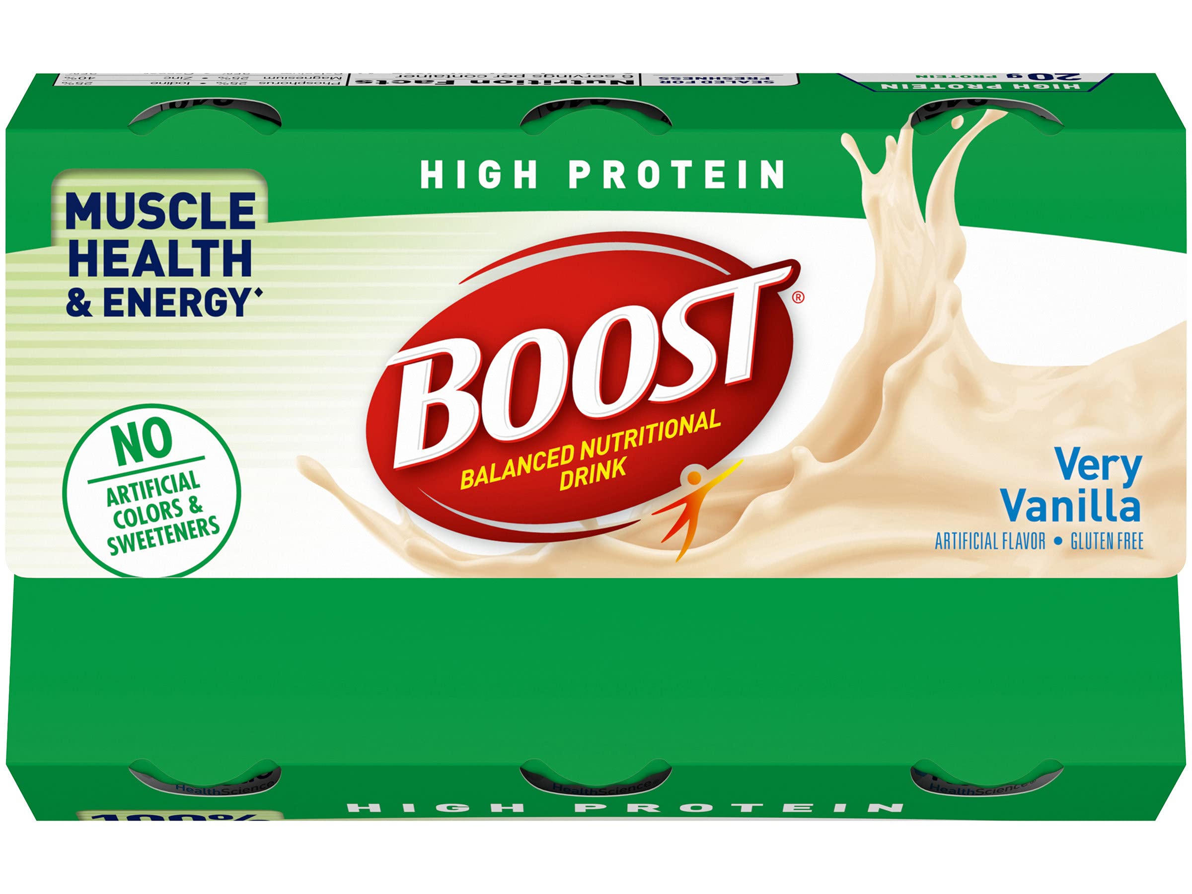 Boost High Protein pouring vanilla drink captures easy on-the-go nourishment.