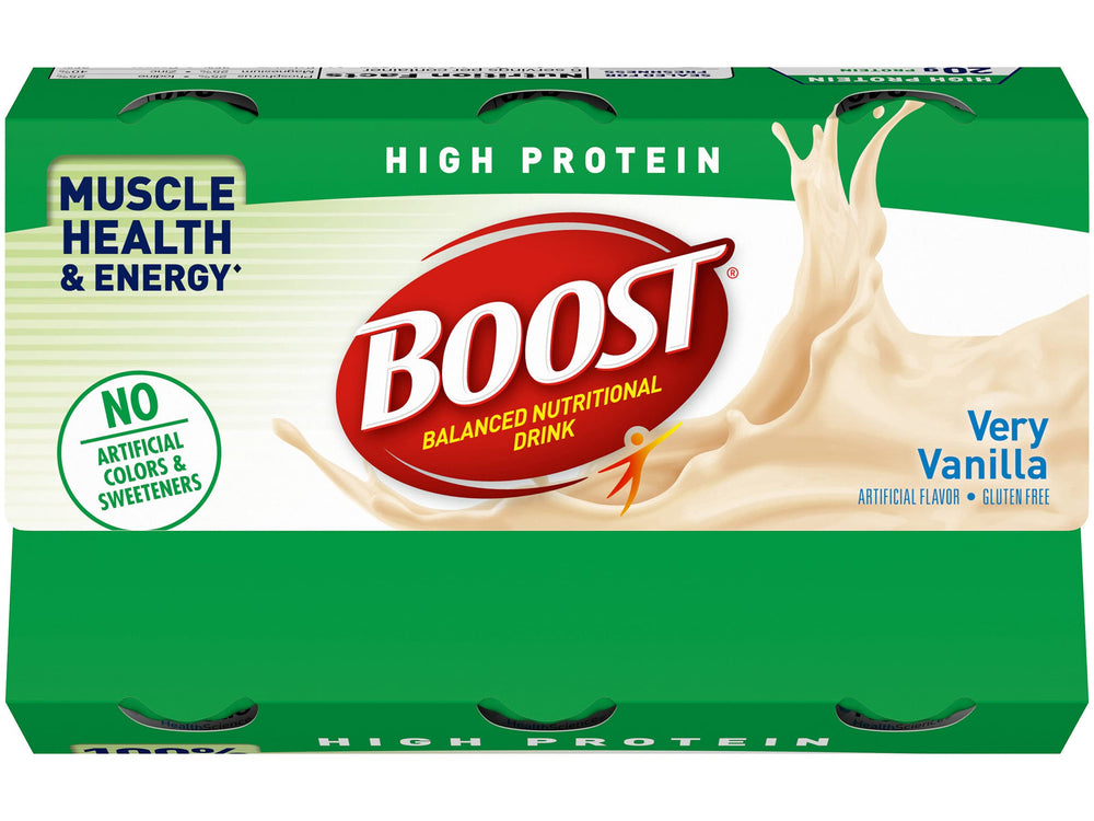 Boost High Protein pouring vanilla drink captures easy on-the-go nourishment.