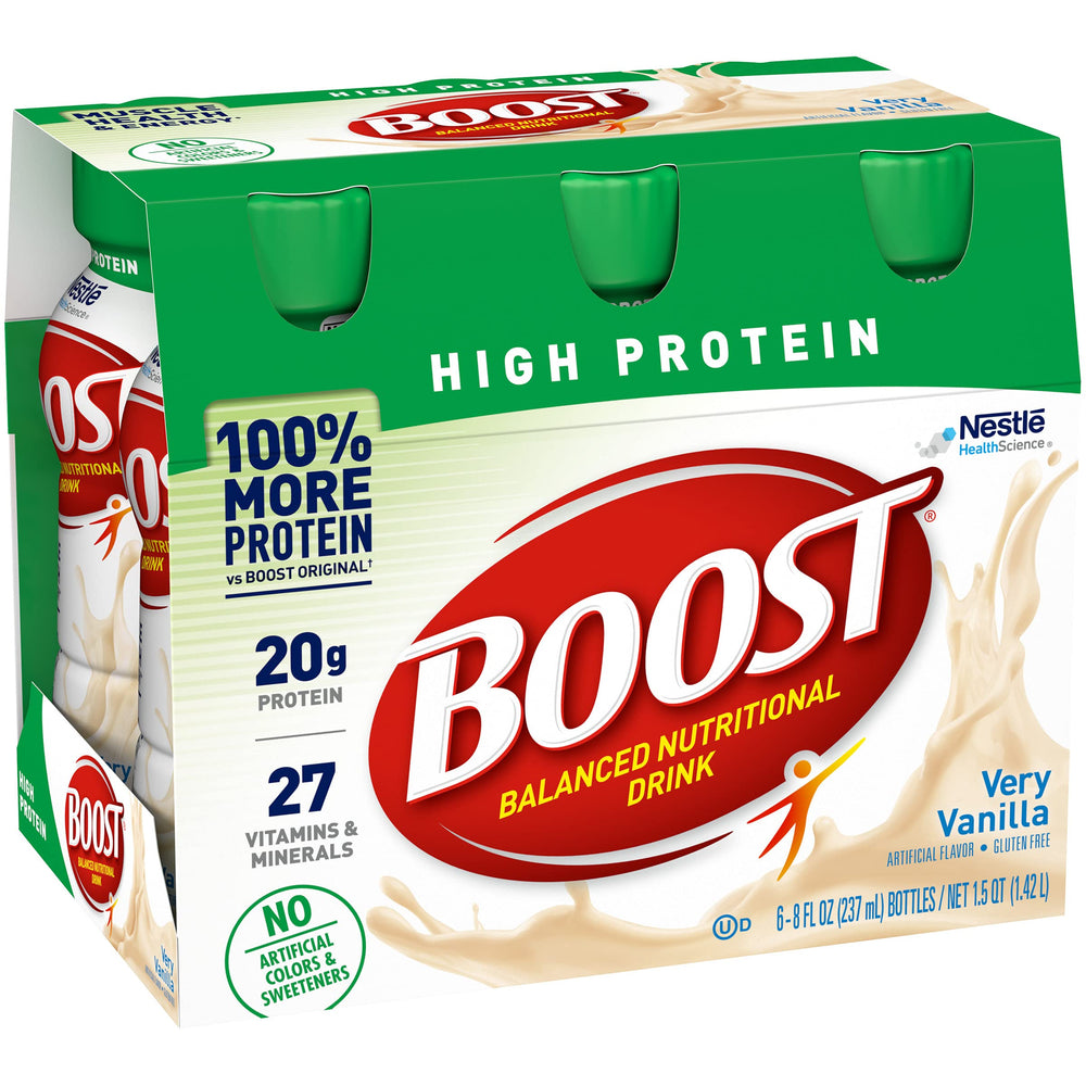 Boost High Protein vanilla bottle closeup highlighting 20 g protein per serving.
