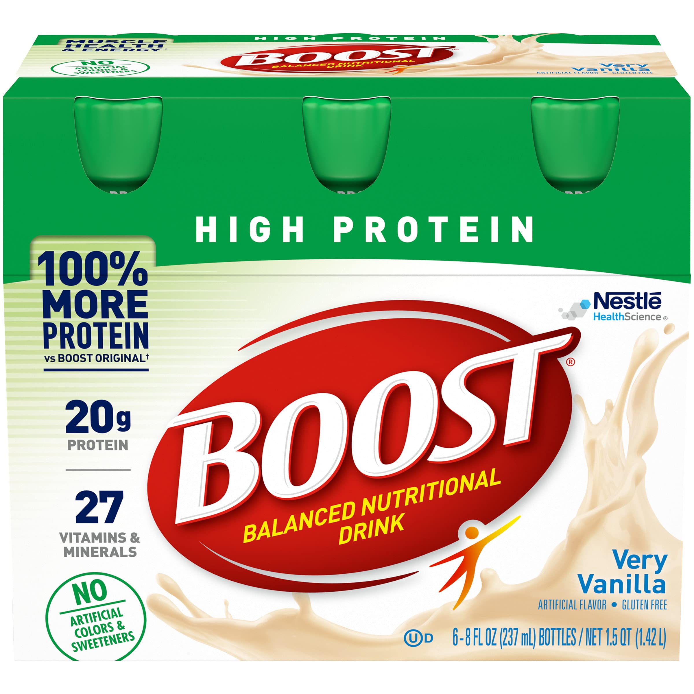 Boost High Protein vanilla drink glass showing rich flavor and muscle-supporting protein.