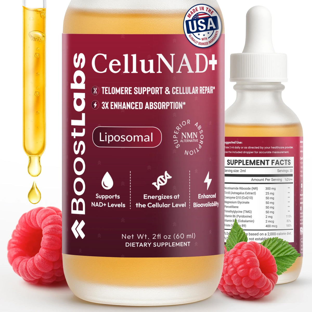 Boost Labs Liposomal NAD+ bottle shows fast-absorbing energy support for daily activity.