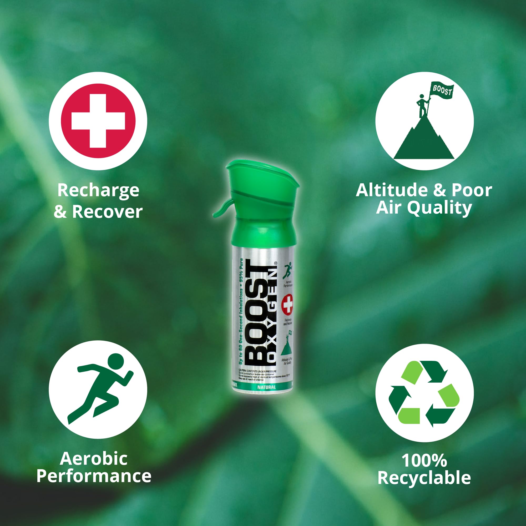 Recyclable Boost Oxygen packaging with natural canister for eco-friendly choice.