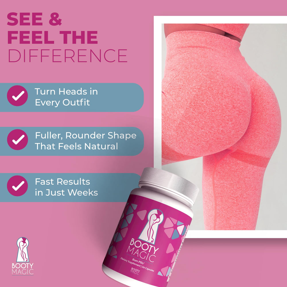 Booty Magic bottle side view highlights portable daily capsules