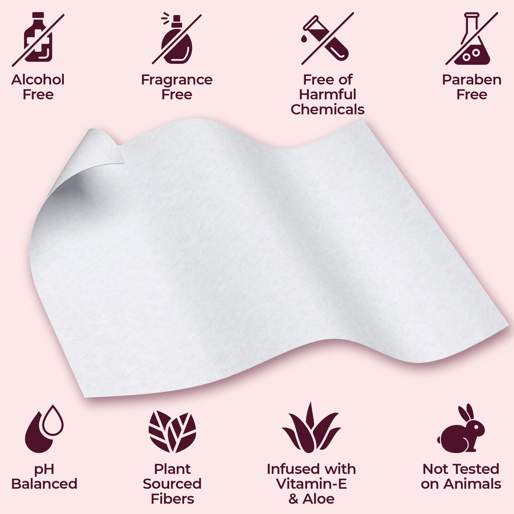 BOOTY WIPES with aloe and vitamin E for gentle daily cleansing on sensitive skin.