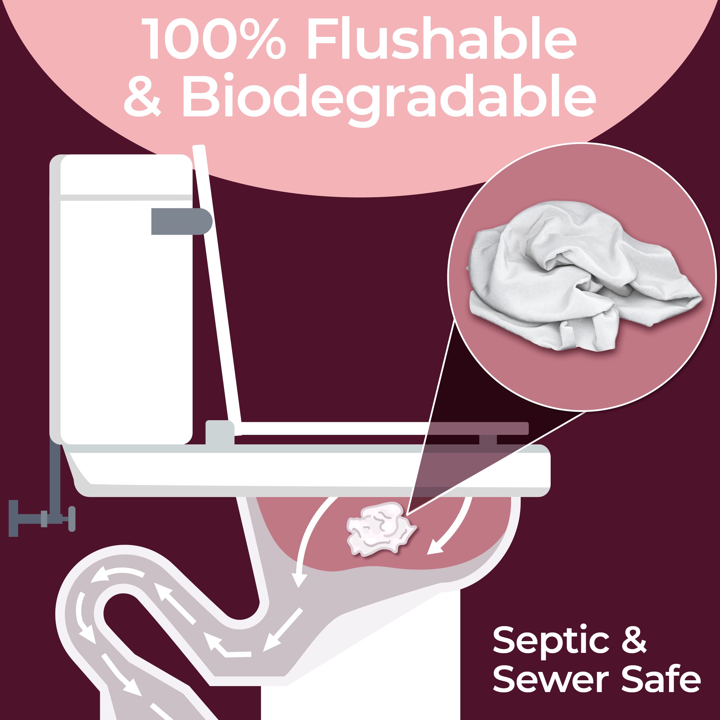 BOOTY WIPES bathroom use image showing flushable formula designed for easy disposal.