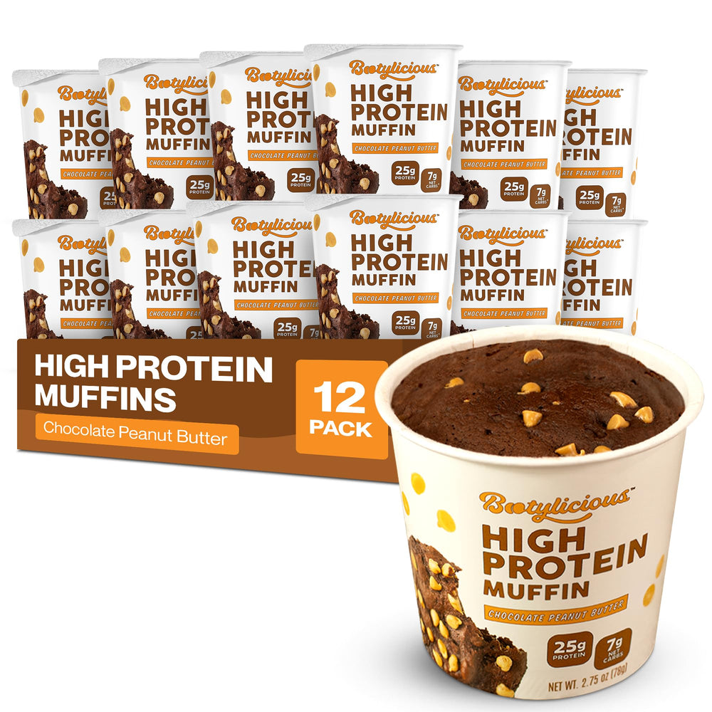Bootylicious high-protein muffin cup closeup, chocolate peanut butter flavor, post-workout snack