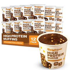 Bootylicious high-protein muffin cup closeup, chocolate peanut butter flavor, post-workout snack