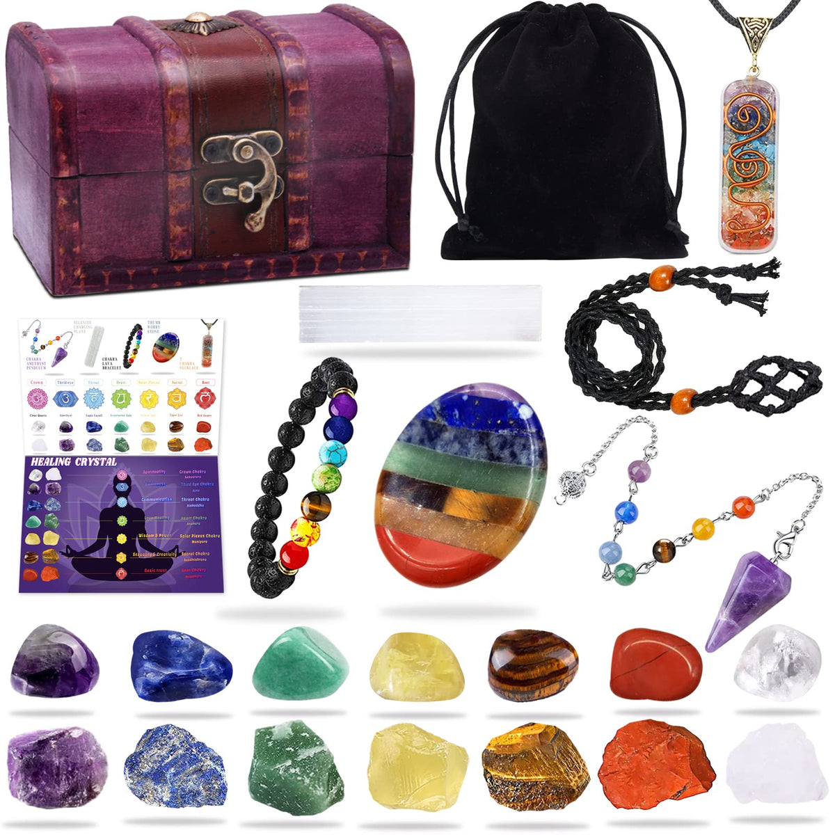 BORAMDO healing crystals set in a wooden box for organized meditation kit.