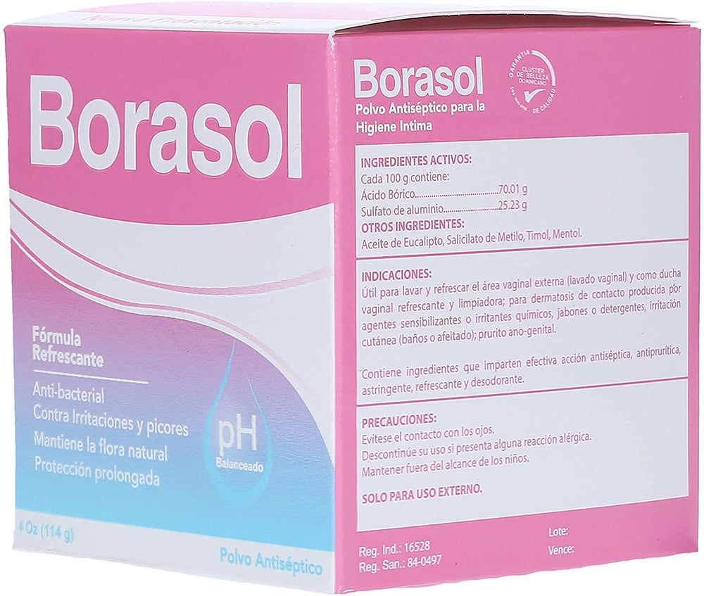 Borasol antiseptic powder refreshing deodorant bottle, for external vaginal hygiene and gentle cooling.