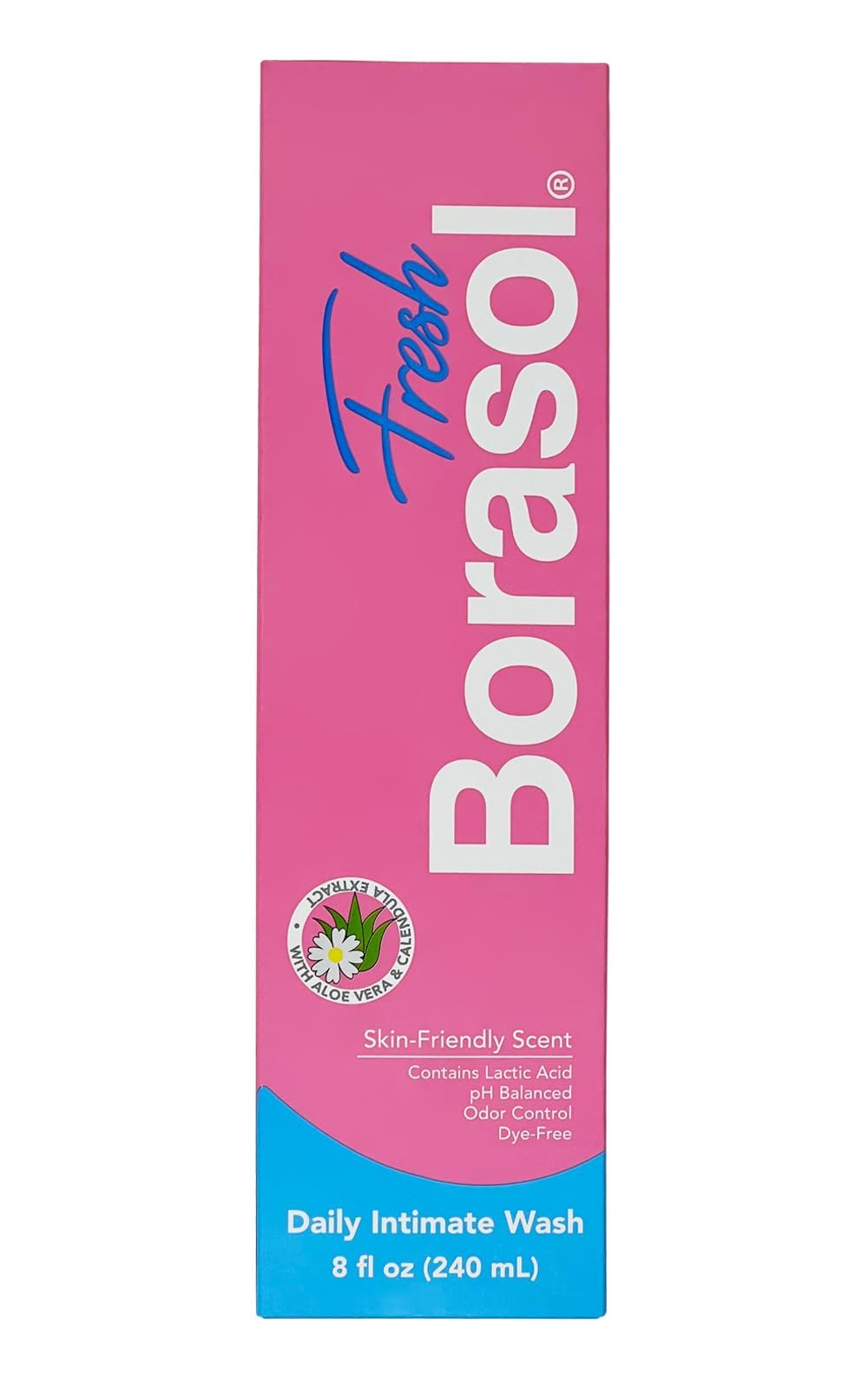 Borasol Fresh bottle front, signaling gentle daily feminine care for sensitive skin.