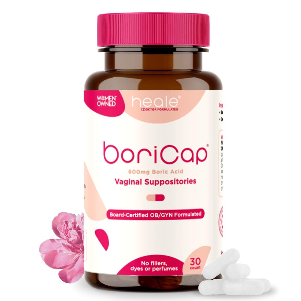 BoriCap bottle close-up showing premium boric acid suppositories for vaginal balance