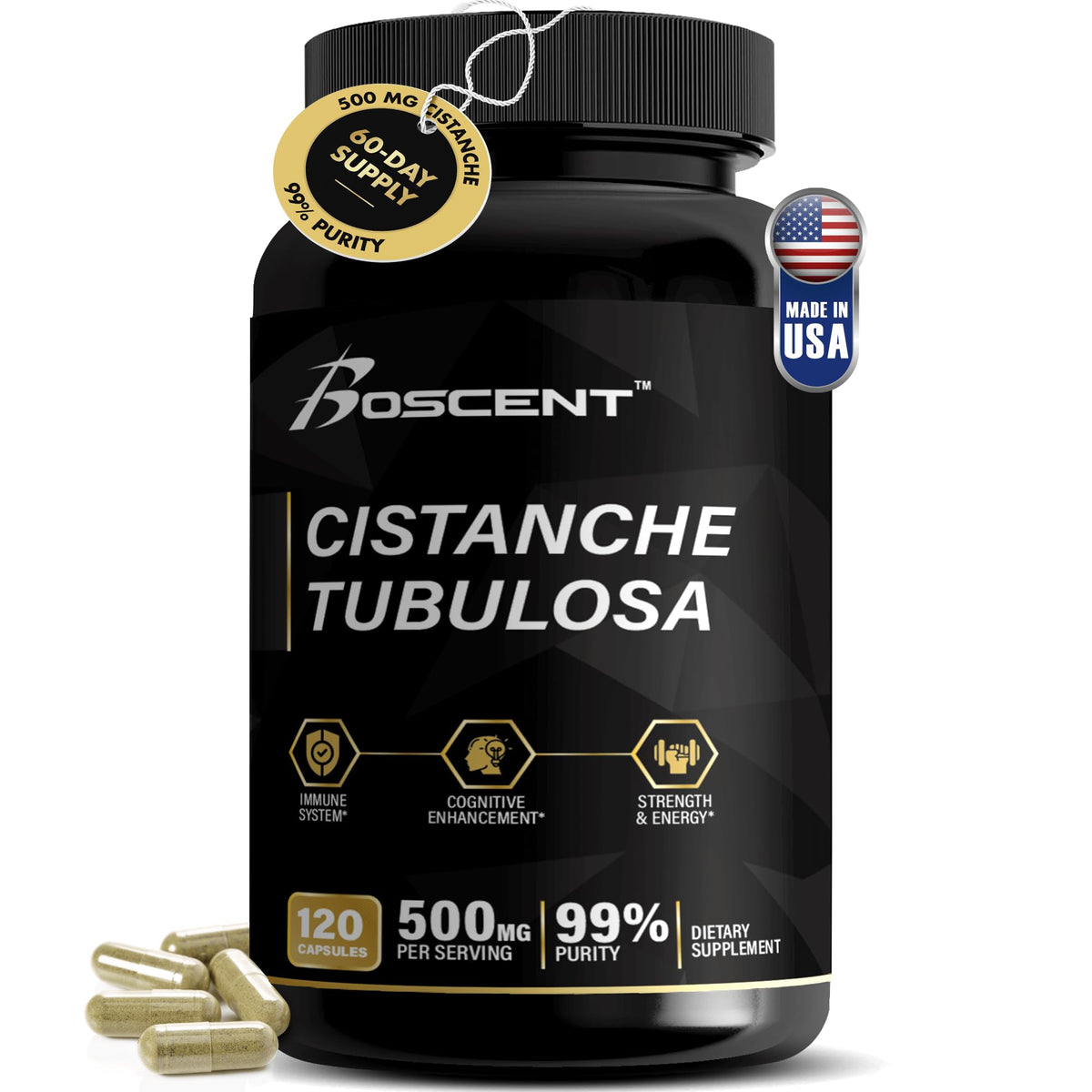 BOSCENT Premium Cistanche Tubulosa bottle with 120 capsules for daily vitality