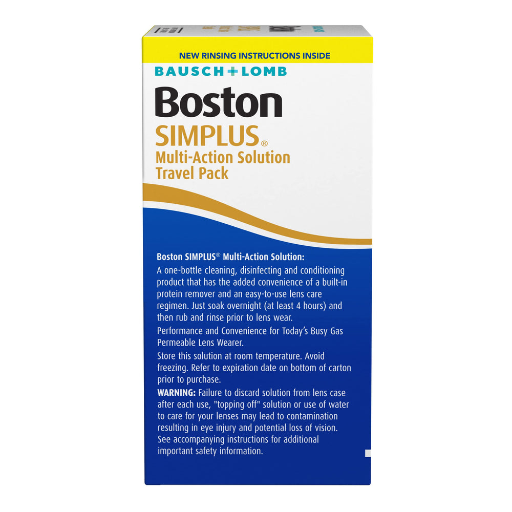 Boston SIMPLUS packaging front highlights multi-action formula for clean lenses.