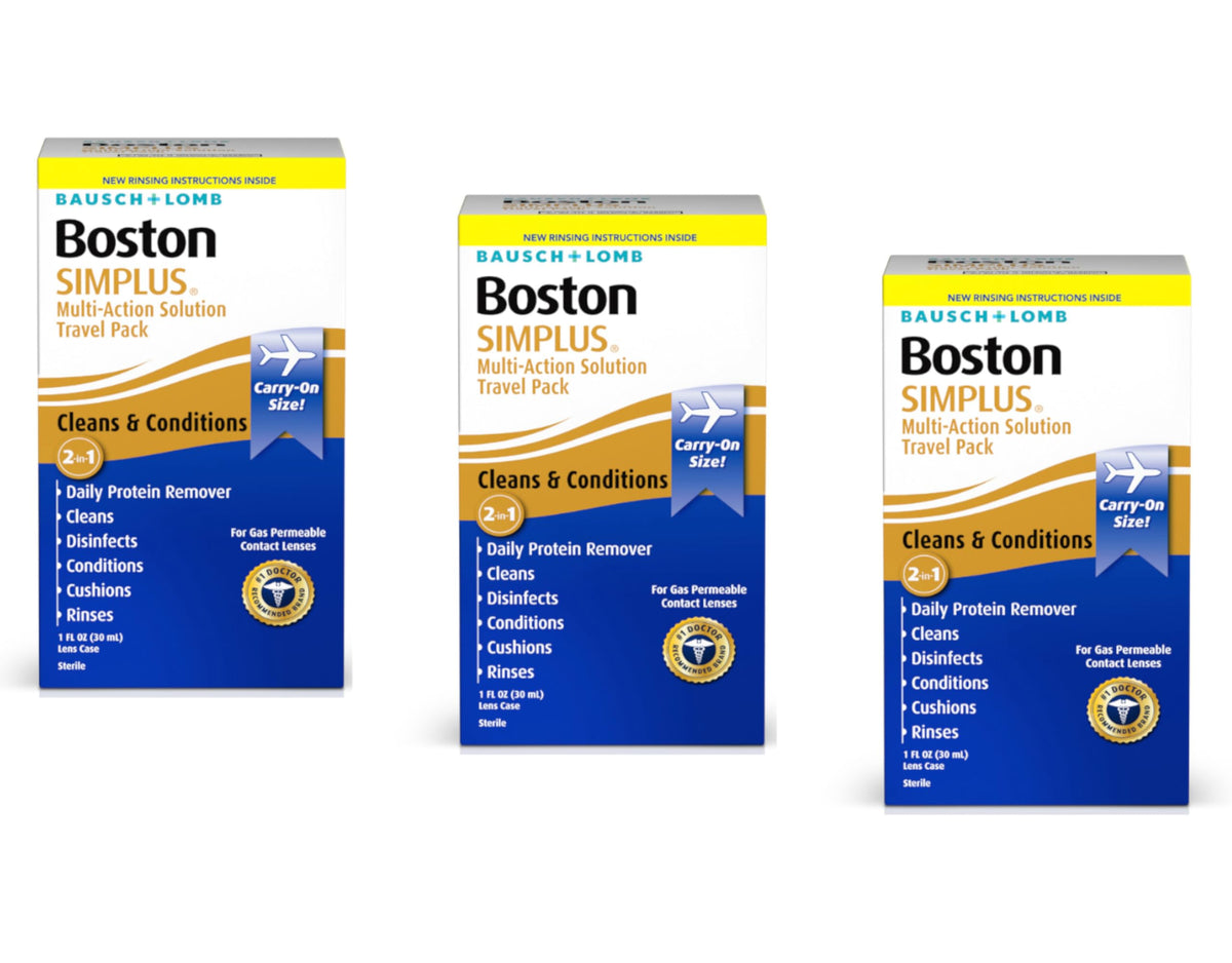 Boston SIMPLUS travel kit with three bottles for on-the-go lens care.