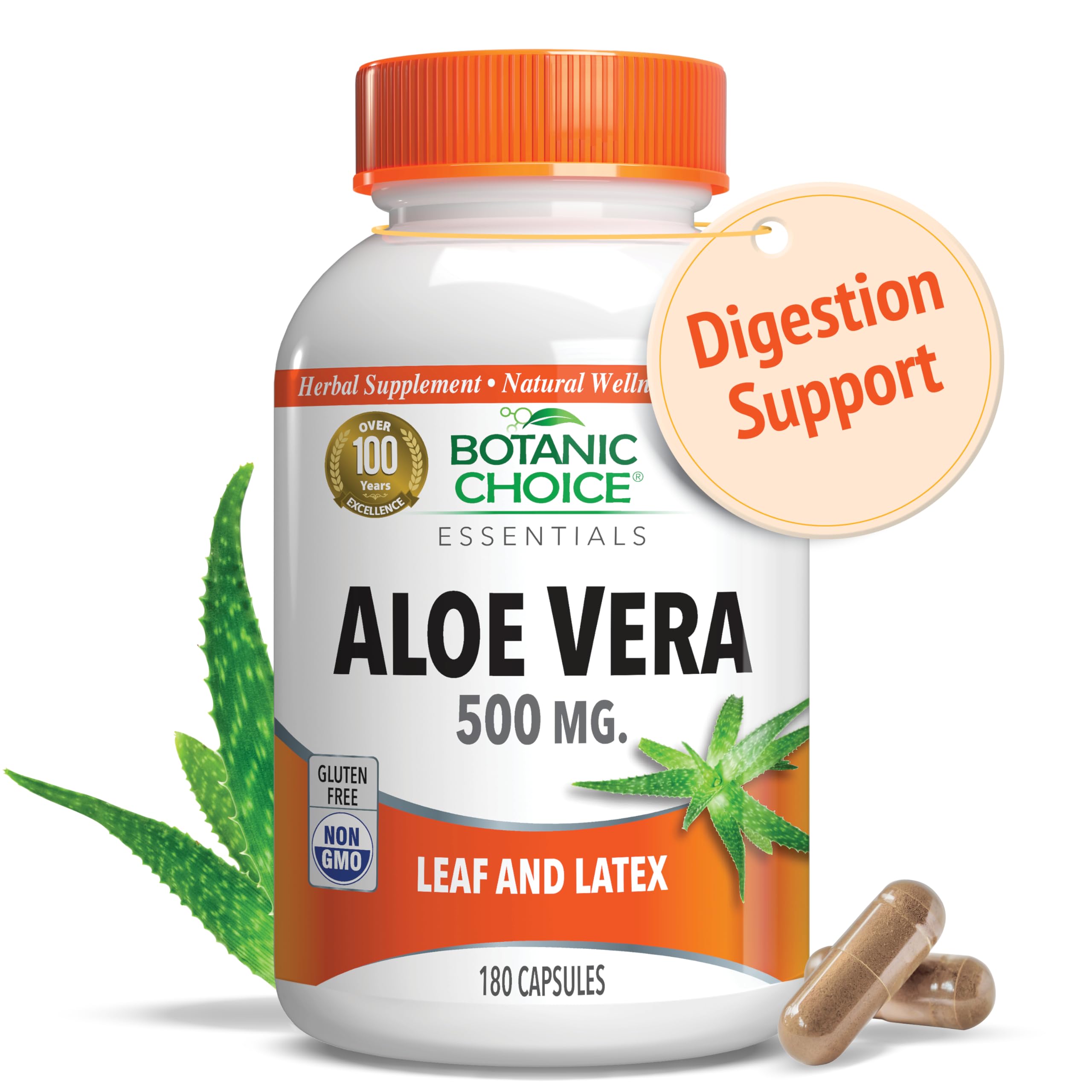 Botanic Choice Aloe Vera capsules illustrate daily digestive support in a gentle, gluten-free formula.