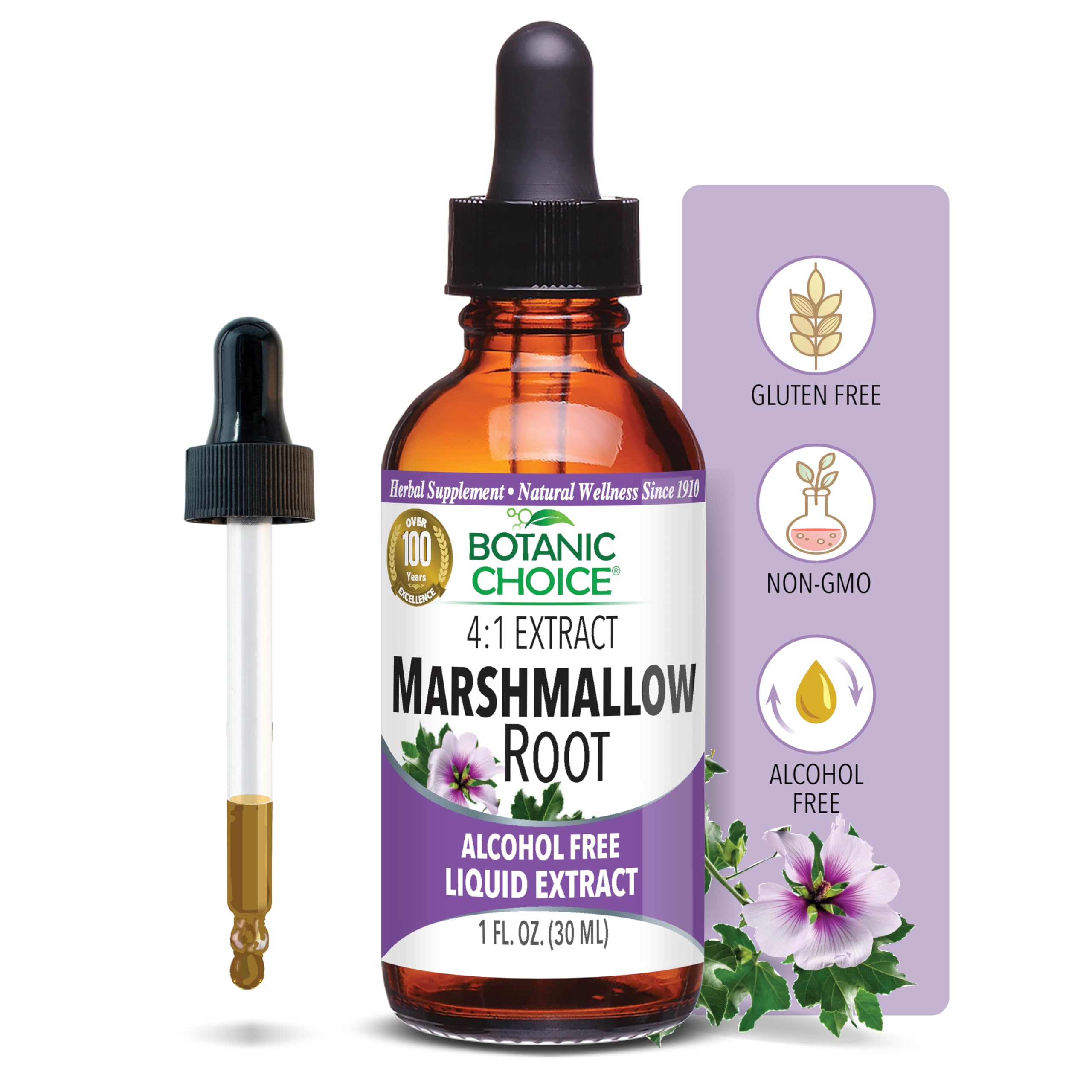 Botanic Choice Marshmallow Root liquid extract bottle ready for dosing and throat support.