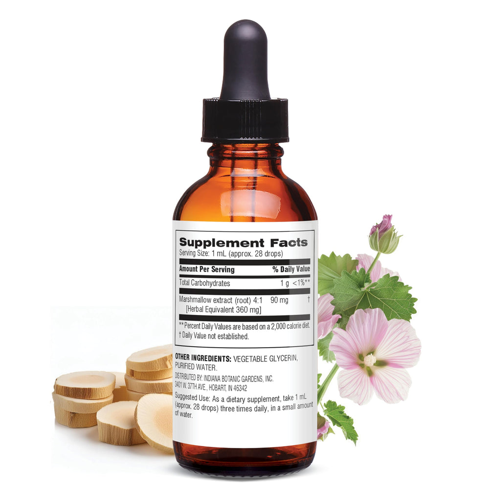 Botanic Choice Marshmallow Root liquid extract dropper delivering fast-relief drops in water.