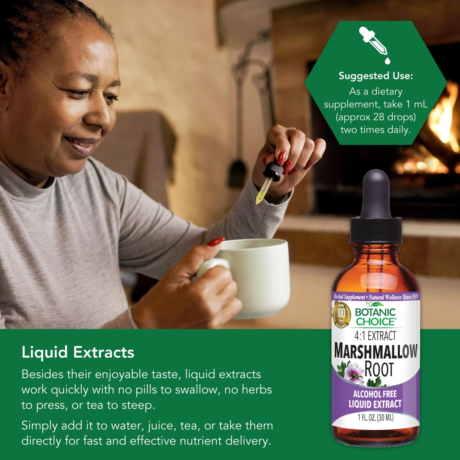 Botanic Choice bottle on kitchen counter highlights gluten-free, alcohol-free formula.