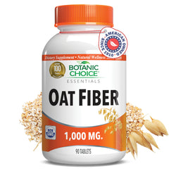 Botanic Choice Oat Fiber tablets close-up showing 1000mg per tablet for daily fiber support