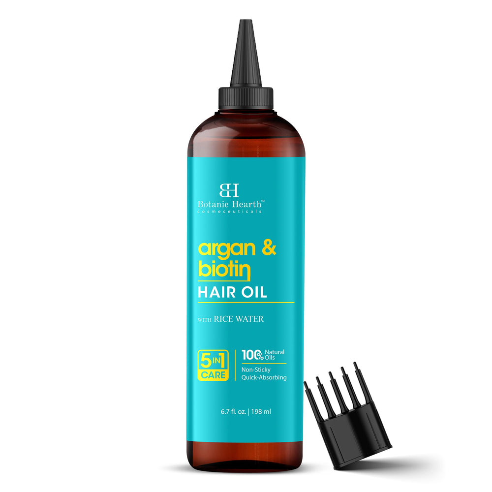Botanic Hearth Argan Biotin Hair Oil bottle with pour cap for precise, even moisture