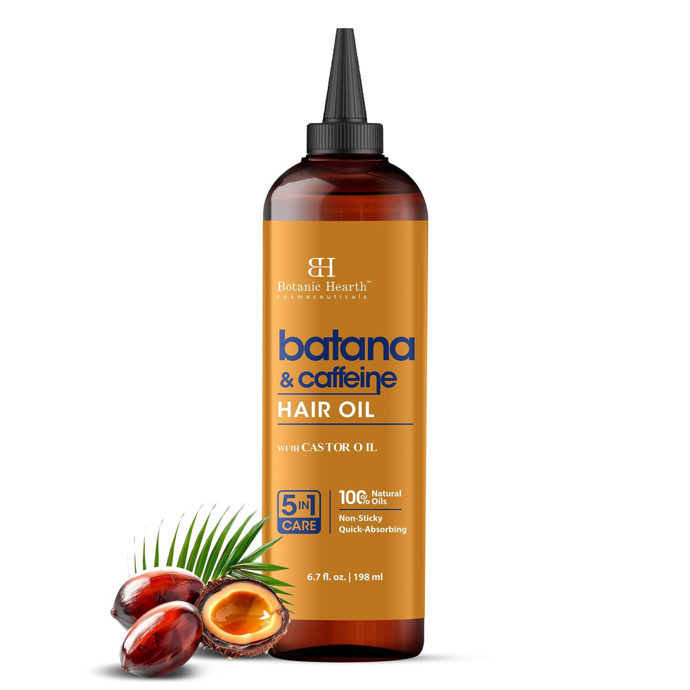 Botanic Hearth Batana & Caffeine Hair Oil bottle closeup supports nourished, resilient hair